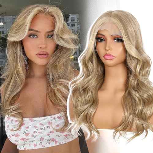 Blonde Lace Front Wig 13x4 Pre Plucked Synthetic Wig for Women Highlight Dirty Blonde Natural Looking Body Wave Cosplay Daily Party Use