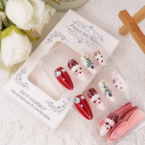 Christmas Press on Nails for Women Girls Holiday Manicure, Short Almond Fake Nails with 3D Pearl Christmas Tree Designs, Full Cover Reusable Acrylic False Nails 24Pcs