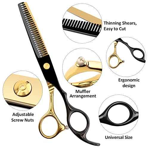 Professional Black Gold Hairdressing Scissors Stainless Steel Barber Hair Cutting Sets Salon Multifunctional Straight Shears Teeth Scissors Thinning Shears Tools for Mother Father's Gift