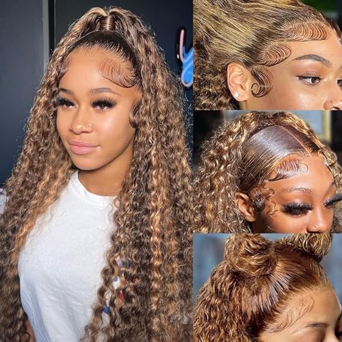 Aimking 13x6 Highlight Ombre Lace Front Wig Human Hair Wigs For Women 180% Density 4/27 HD Deep Wave Lace Frontal Wigs Curly Honey Blonde Wig Human Hair With Colored (22 Inch)