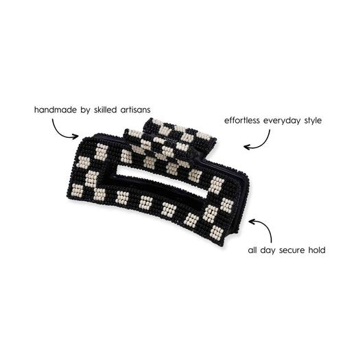 INK+ALLOY Beaded Hair Clips, Lola Large Statement Boho Cute Claw Clips for Women, Secure Hold for Thin & Thick Hair, Handmade Accessories for the Modern Bohemian, 3.5-Inches (Black & White Checkered)