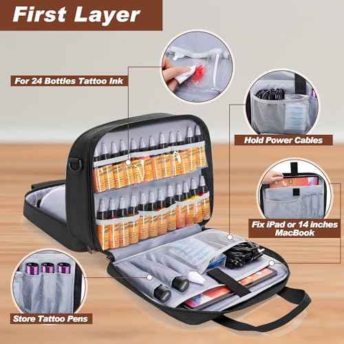Yarwo Tattoo Kit Travel Bag, Double-layer Tattoo Supplies Carrying Case for Transfer Stencil Printer, Professional Ink Organizer for 24 Bottles, Guns, Equipment and IPAD, Black (PATENT DESIGN)