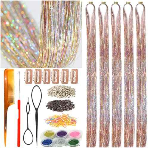 Hair Tinsel Kit,Galaxy Pattern Tinsel Hair Extensions,Single Strands Mixed Colors,Gold Silver Pink Ombre Effect,3-Tones Gradient Fairy Hair for Kids Girls(48 Inch Pack of 5Pcs, Galaxy)