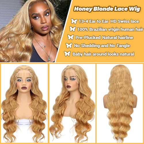 SOSATISFY Honey Blonde Wig Human Hair 200 Density 13x4 Blonde Wig Human Hair Body Wave Human Hair 27# Colored Wigs Pre Plucked with Baby Hair for Women 24 inch