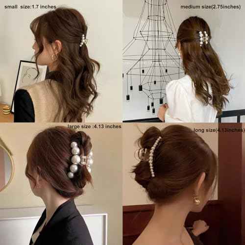 Hair Clips for Women,Large Pearl Hair Claw Clip Strong Hold No Slip,Banana Jaw Clip Barrettes,Elegant Hair Barrette Accessories Birthday Thanksgiving Christmas Gift for Girl Styling Thick Thin(4 PCS)