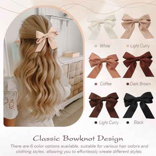 Bessrung 6PCS Small Hair Bows, Soft Satin Ribbon Bow Hair Clips for Women Girls Teens, Non-Slip Hair Barrettes for Curly Straight Hair, Cute Bow Clips, Brown Hair Accessories for Party Wedding Gift