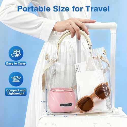 Rechargeable Ultrasonic Retainer Cleaner Machine, 45kHz Portable Dental Cleaning Pod for Dentures, Night Guards, Braces, Aligner, Toothbrush, Jewelry, 3 Cleaning Modes, 200ML Capacity, Pink