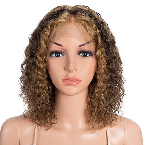 Style Icon Human Hair Wigs Short Curly Wigs Fluffy Afro Wigs T-Part Deep Wave Pre Plucked HD Lace Front Wigs (12", PI4/27)