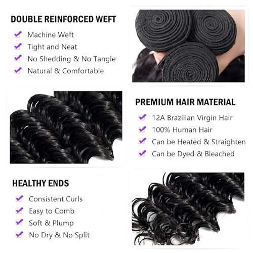 Deep Wave 5Bundles(50g/bundle) with 4x4 Lace Closure, Czrleaty Wet and Wavy Curly Human Hair Bundles with Closure, Unprocessed Brazilian Human Hair Extensions (14/14/14/14/14+14)