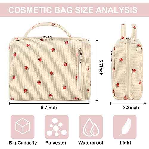 Bluboon Makeup Bag Zipper Pouch Travel Toiletry Bag Portable Cosmetic Bag Organizer for Women and Girls(Strawberry Corduroy Beige)