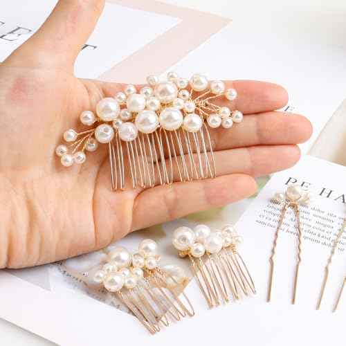 Wedding Pearl Hair Combs Set of 5 Pieces - Prom Hair Pins Accessories for Bridal Women (Gold)