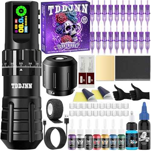 Complete Tattoo Machine Kit with TDDJNN Wireless Rotary Tattoo Pen/Gun 1800mAh LED Battery 7 Strokes Length Normal/Stippling Modes RCA Adapter 20 Cartridge Needles for Pro Artists & Beginners (BLACk)
