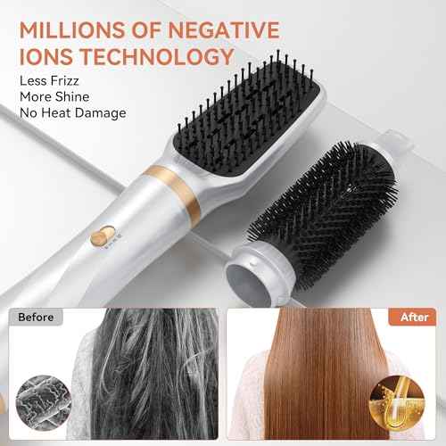 5 in 1 Blow Dryer Brush,110-120V Hair Dryer Brush, Fast Drying & 3 Adjustable Temperatures Hot-Air Hair Brushes, Detachable Hot Air Styler Set for Curling/Volumizing/Straightening/Styling (White Gold)