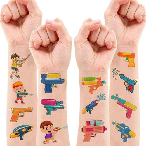 100 PCS Pool Summer Water Gun Temporary Tattoos Sticker Beach Themed Birthday Party Decorations Favors Supplies Gifts Girls Boys Water Game Cute Tattoo Songkran Festival School Reward