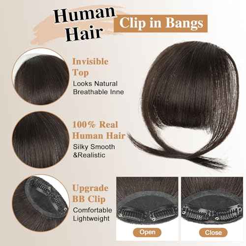 Clip in Bangs Real Human Hair,Dark Brown Bangs Hair Clip on Fake Bangs with Temples for Women Daily Wear(Dark Brown)