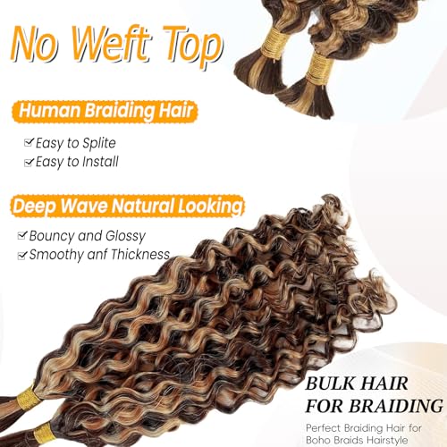 Human Braiding Hair Deep Wave Bulk Human Hair for Braiding 4/27 Honey Blonde No Weft Curly Braiding Hair Extensions for Boho Braids Wet and Wavy Braiding Human Hair Bundles 30 Inch 100g