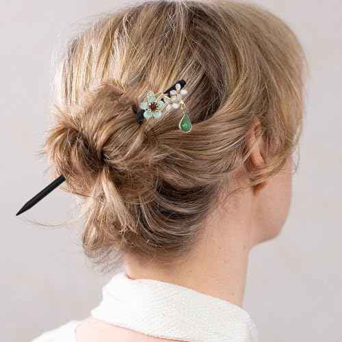 4 PACK Japanese Chinese Wooden Hair Stick, Hairpin with 4 Different Flower Styles, Retro Wooden Hair Accessories for Women Girls