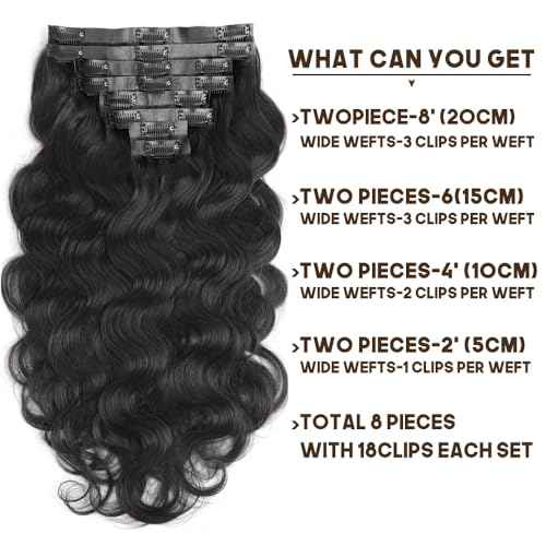 Seamless Clip In Hair Extensions Real Human Hair 8Pcs Body Wave Clip Ins For Black Women Brazilian Virgin Human Hair Extensions with 18 Clips Remy Hair Extensions 120g(14inch, PU Natural Black)