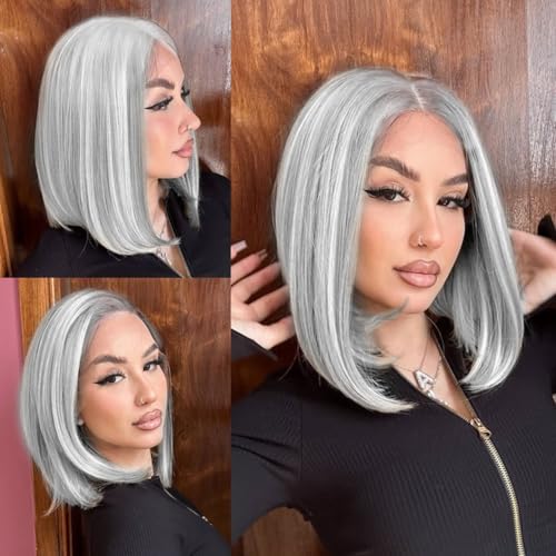 12 Inch Silver Grey Short Straight Bob Wigs Human Hair Short Straight Grey Bob Wig 13x4 HD Lace Front Bob Wigs 180% Density Pre Plucked With Baby Hair for Women