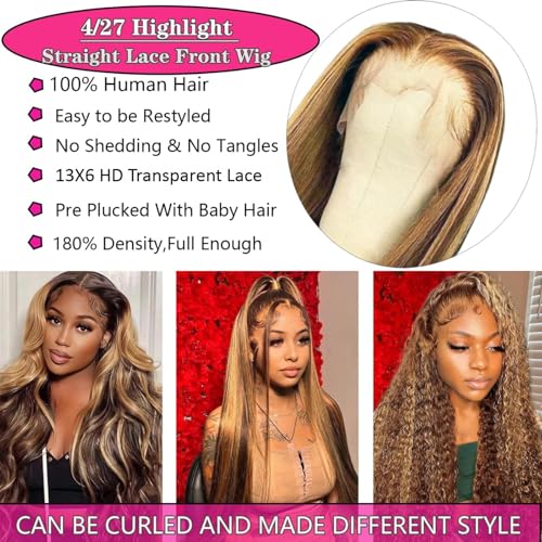 Cypha Ombre Lace Front Wig Human Hair 28inch 13x6 Straight Highlight Wig Human Hair 180% Density 4/27 Colored Honey Blonde HD Lace Frontal Wigs For Women Glueless Pre Plucked with Baby Hair