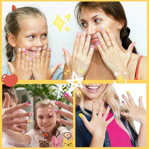 Press on Nails for Kids 144Pcs, 6 Pack Kid Press on Nail for Girls Colorful Patterns Kids Fake Nails Pre-glue Full Cover Acrylic Nail Art Christmas Easter Gifts for Girls