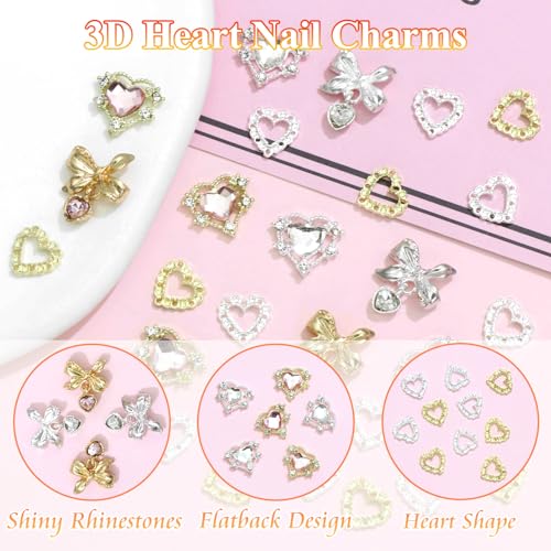 Heart Nail Charms 3D 30PCS Crystal Bow Nail Charms Gold Silver Heart Charms for Nails Crystal Nail Gems and Rhinestones for Nail Art and DIY Crafts Decoration