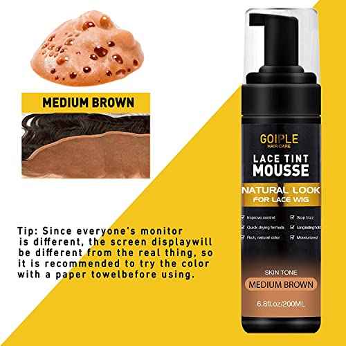 Lace Tint Melting Hair Mousse, 6.8 fl oz Lace Tint Mousse for Women Hair Wig Lace Wigs Toupees and Hairpieces Natural Finishing Lace Color, Lace Tint Mousse for Wigs Melts Lace Foam Tint(Medium Brown)