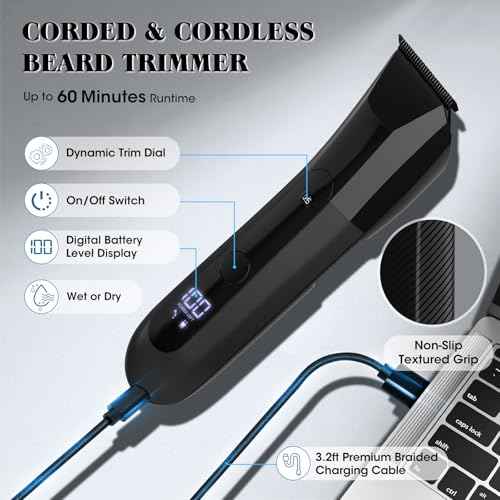 Beard Trimmer for Men Groin & Body Hair Trimmer, Nose & Ear Clipper Head Razors for Bald Men, 5 in 1 Waterproof Manscape Kit with Travel Case, LED Display, Grooming Kit Gift for Him