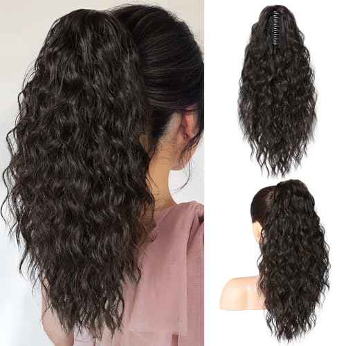 SEIKEA 18" Ponytail Extension Claw, PT002 Tia Long Multi Layered Hair FluffyThick Wavy Curly Clip in Hair Extensions Ponytail Natural Soft Synthetic Hairpiece for Women Black Brown
