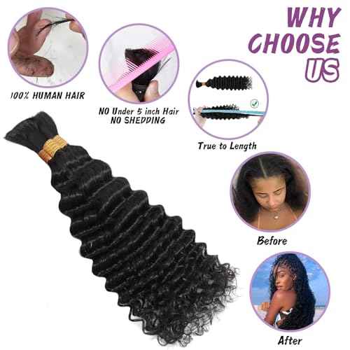 Human Braiding Hair For Boho Braids Deep Water Wave Bulk Human Hair for Braiding 12A Wet and Wavy Curly 100% Human Hair Extensions 3 Bundles 110g Natural Color 20inch