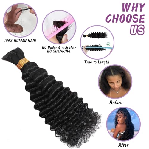 Human Braiding Hair For Boho Braids Deep Water Wave Human Bulk Hair for Braiding 12A Brazilian Virgin Human Hair Extensions for Boho Braids 3 Bundles/Pack 110g Honey Blonde 24inch
