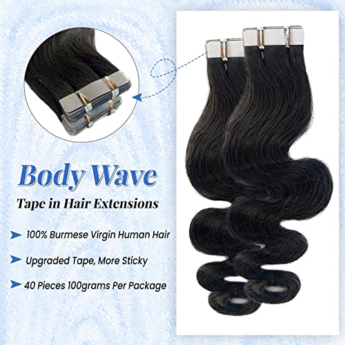 Licoville Body Wave Tape in Hair Extensions, Upgraded 100G 40PCS Body Wave Human Hair Tape ins for Black Women Skin Weft Soft Natural Black Curly Tape in Extensions Real Human Hair 18 Inch