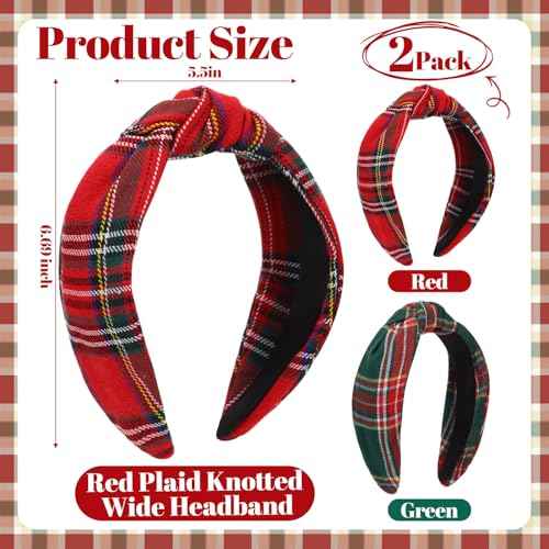 Yilloog 2pcs Christmas Headbands for Women Knotted Buffalo Plaid Hairband Fashionable Wide Top Knot Hair Bands Hair Accessories for Xmas Gifts