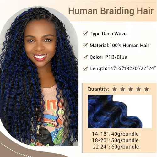 Human Braiding Hair for Boho Knotless Braids 2 Bundles 16 Inches 80g Deep Wave 10A Brazilian Virgin Human Bohemian Hair for Braiding 1bPblue