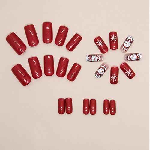 Christmas Press on Nails Long Square Fake Nails Red Nails Press ons with Snowman,Snowflake Designs Reusable Artificial Nail Full Cover Glossy Glue on Nails Stick on Nails for Women Manicure 24 Pcs