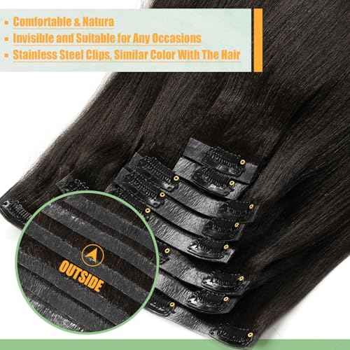 Loxxy Seamless Yaki Straight Clip ins Human Hair, Natural Black Yaki Clip ins for Black Women Invisible PU Weft 110g 7pcs 16 Inch