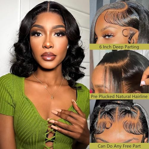 16 Inch Bob Wig Human Hair Short Body Wave Lace Front Wigs Human Hair 13x6 HD Lace Front Wigs 200 Density Body Wave Wigs Pre Plucked for Women Natural Black
