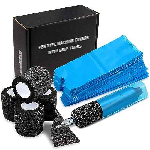 Pen Machine Covers and Grip Tapes 200pcs Tattoo Machine Covers with 4pcs Grip Wrap Cover 7.5 x 2.7" Tattoo Pen Sleeves Self adhesive Tape Tattoo Pen Bags Tattoo Supplies