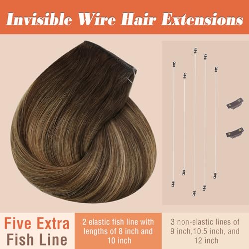 Sunny Hair Wire Hair Extensions Real Human Hair Fish Line Human Hair Extensions Invisible Wire Extensions Dark Brown to Caramel Blonde with Dark Brown Highlights #4/27/4 18 Inch
