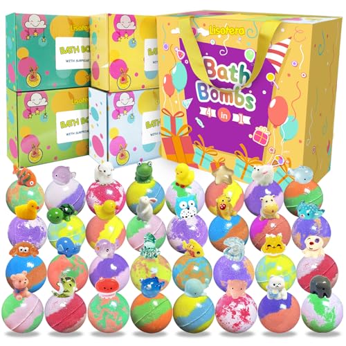 Bath Bombs for Kids with Surprise Inside, 32 Pack Bath Bombs with Land & Sea Animal Toys, Handmade Fizzy Bubble Children Bath Ball Gift Set for Kids Birthday, Christmas, Mothers Day Gifts for Daughter