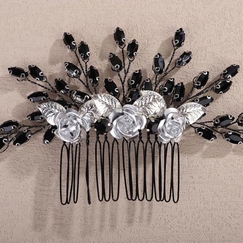 Teyglen Gothic Black Rhinestone Headpiece Vintage Flower Wedding Hair Comb Crystal Bridal Side Comb Flower Leaf Hair Piece Hair Accessories Jewelry for Women (Black)