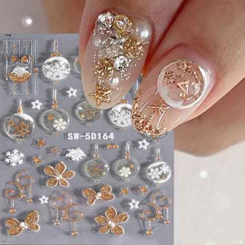 Christmas Nail Art Stickers Decals 5D Embossed Glitter Gold Xmas Nail Decals 3PCS Xmas Tree Lantern Ball Christmas Nails Adhesive Sticker Elk Snowflake Winter Manicure Supply for Nail Art Decorations