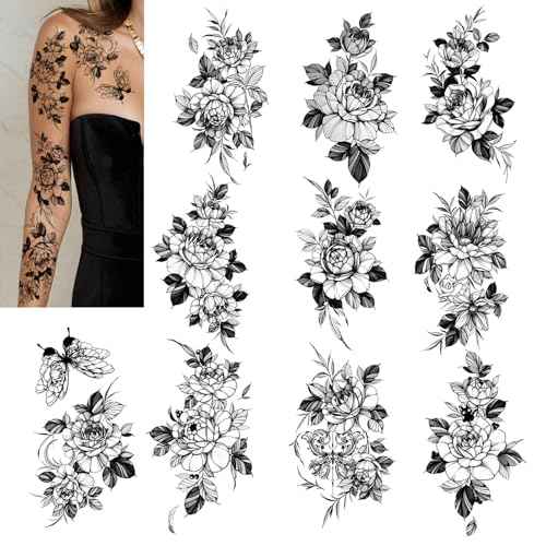 Realistic and long-lasting temporary tattoos,Black Floral Temporary Tattoos for women sleeves Large Rose Designs, 10 Sheets