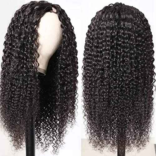 Curly V Part Wig Human Hair Brazilian Virgin Human Hair Wigs for Black Women Upgrade U Part Wigs Glueless Full Head Clip In Half Wig No Leave Out 180% Density Natural Black 18 Inch