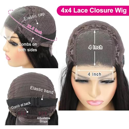 4x4 Lace Front Wigs Human Hair, 150% Density Straight, Glueless, Pre Plucked, Brazilian Virgin, HD Lace Closure, 18 Inch, Black, Female, Adult, Straight, 22-22.5 Inch