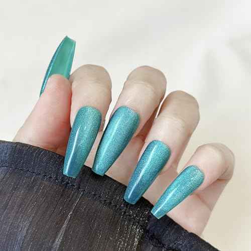 Magnetic Glue On Nails,Long,Christmas,Coffin Agate Green Cat Eye Impress,Salon Quality,Lasting,Reusable, Glossy Fall Nails Kit Acrylic Set for Women
