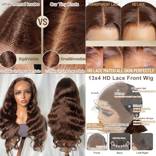 XZZ 32 Inch Chocolate Brown Lace Front Wig Human Hair 13X4 HD Lace Closure Dark Brown Human Hair Wig #4 Brown Body Wave 200% Density Virgin Pre Plucked with Baby Hair for Women
