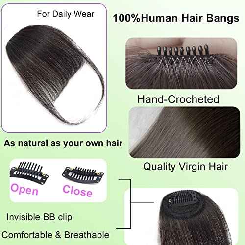 100% Human Hair Clip in Bangs,Women Air Thinning Curtain Flat Natural Black Bangs, Natural Curved Wispy Bangs,Real Human Hair Faux fake Bangs(Wispy Bangs,Natural Black)