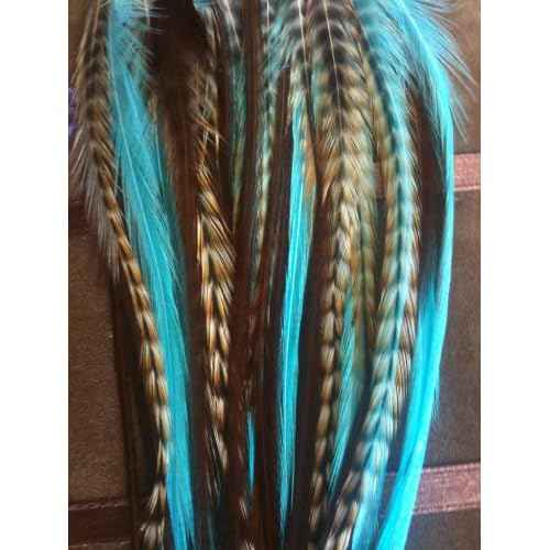 5 Feathers 4"-6" Turquoise, Genuine Grizzly & Browns Extension for Hair Extension