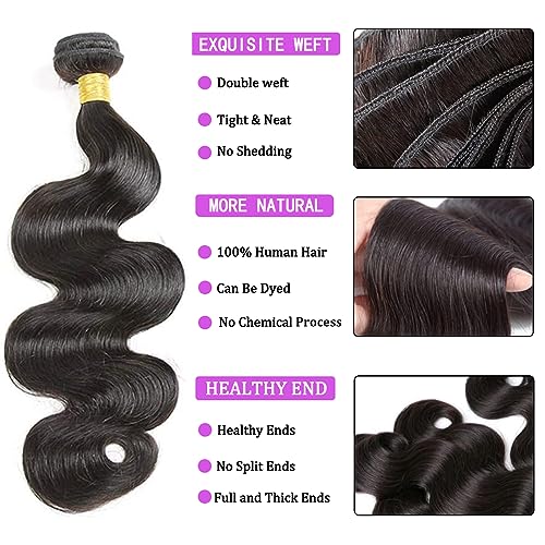 Bundles with Closure Human Hair Body Wave 100% Unprocessed Brazilian Virgin Human Hair 3 Bundles with Closure£¨14 16 18+12£©Human Hair Extensions with 4x4 Free Part Lace Closure Natural Black